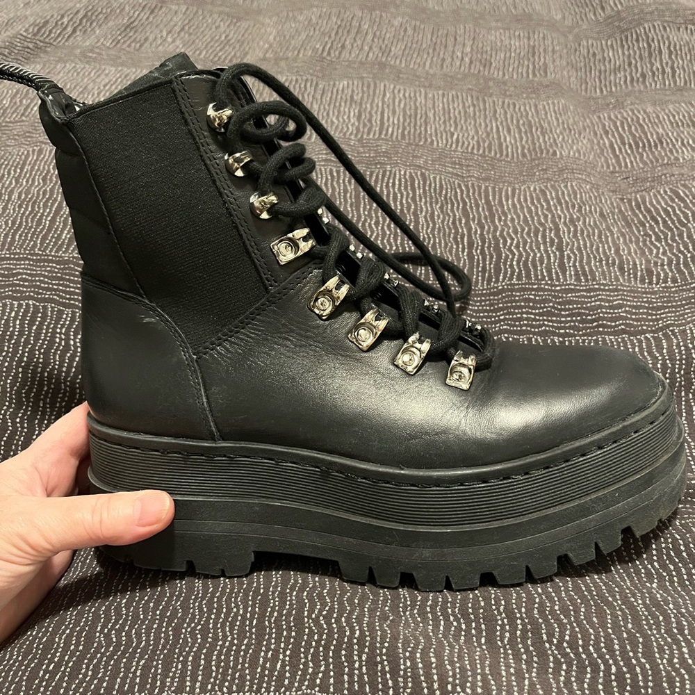 Marc Fisher Black Leather Platform Lug Ankle Boots